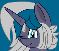 Size: 802x688 | Tagged: safe, artist:bloody-liu, artist:jadeharmony, derpibooru import, oc, oc only, oc:elizabat stormfeather, alicorn, bat pony, bat pony alicorn, pony, alicorn oc, alternate hairstyle, base used, bat pony oc, bat wings, blue background, female, horn, mare, one eye closed, simple background, solo, wings, wink