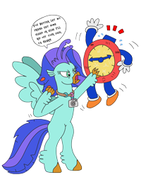 Size: 2448x3054 | Tagged: safe, artist:supahdonarudo, derpibooru import, oc, oc only, oc:sea lilly, classical hippogriff, hippogriff, angry, animate object, atg 2022, camera, clock, dialogue, fist, jewelry, necklace, newbie artist training grounds, pun, simple background, speech bubble, standing, text, threatening, transparent background, visual pun