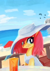 Size: 2480x3508 | Tagged: safe, artist:solid shrimp, derpibooru import, fluttershy, pegasus, pony, alternate hairstyle, beach, clothes, dress, drink, female, glass, hat, mare, short hair, solo, summer, sun hat