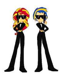 Size: 808x1000 | Tagged: safe, artist:mlpfan3991, derpibooru import, sunset shimmer, oc, oc:flare spark, equestria girls, clothes, duo, duo female, female, gun, men in black, simple background, sunglasses, transparent background, tuxedo, weapon