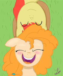 Size: 5000x6000 | Tagged: safe, artist:reinbou, derpibooru import, bright mac, pear butter, earth pony, pony, brightbutter, esophagus, female, male, shipping, simple background, smiling, straight