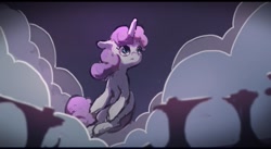 Size: 1199x656 | Tagged: safe, artist:inkhooves, derpibooru import, sweetie belle, pony, unicorn, cloud, female, filly, floating, foal, solo