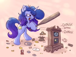 Size: 2000x1508 | Tagged: safe, artist:nedemai, derpibooru import, oc, oc only, pony, unicorn, atg 2022, baseball bat, clock, newbie artist training grounds, smashing, solo