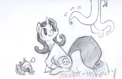 Size: 1280x824 | Tagged: dead source, safe, artist:eight, derpibooru import, oc, oc:slime gleam, pony, unicorn, female, floating heart, grayscale, heart, jewelry, mare, monochrome, necklace, smiling, tentacles, traditional art