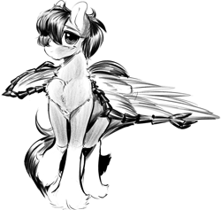 Size: 2242x2129 | Tagged: safe, artist:opossum_imoto, derpibooru import, oc, oc only, oc:soaring spirit, pegasus, pony, chest fluff, female, male, pegasus oc, raised leg, simple background, sketch, solo, stallion, straight, unshorn fetlocks, white background, wing brace