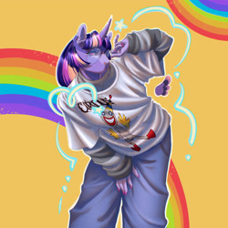 Size: 1920x1920 | Tagged: safe, artist:yesterdaysrunaway, derpibooru import, twilight sparkle, twilight sparkle (alicorn), alicorn, anthro, clothes, denim, female, floating wings, glasses, jeans, mare, pants, rainbow, simple background, solo, wings, yellow background