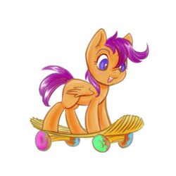 Size: 640x640 | Tagged: safe, artist:kovoranu, derpibooru import, scootaloo, pegasus, pony, donut, food, potato chips, simple background, skateboard, smol, solo, white background