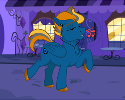 Size: 578x465 | Tagged: safe, artist:epicvon, derpibooru import, oc, oc only, pegasus, pony, earbuds, music notes, night, singing, solo, street, window