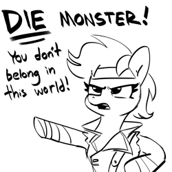 Size: 2250x2250 | Tagged: safe, artist:tjpones, derpibooru import, rainbow dash, pegasus, pony, black and white, castlevania, castlevania: symphony of the night, dialogue, die monster, female, grayscale, mare, monochrome, pointing, richter belmont, simple background, sketch, solo, white background