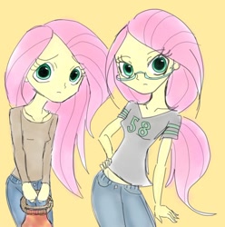 Size: 740x747 | Tagged: safe, artist:ponysprinkles, derpibooru import, fluttershy, equestria girls, clothes, female, glasses, hand on hip, looking at you, simple background, yellow background