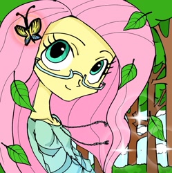 Size: 769x773 | Tagged: safe, artist:ponysprinkles, derpibooru import, fluttershy, butterfly, equestria girls, clothes, female, glasses, leaf, outdoors, smiling, solo, tree
