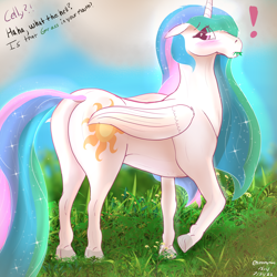 Size: 3000x3000 | Tagged: safe, artist:enonnnymous, derpibooru import, princess celestia, alicorn, pony, /sun/, blushing, butt, caught, eating, exclamation point, eye clipping through hair, eyebrows, eyebrows visible through hair, female, grass, grazing, high res, hoers, horses doing horse things, looking back, mare, offscreen character, plot, solo