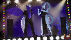 Size: 3840x2160 | Tagged: safe, artist:loveslove, derpibooru import, coloratura, oc, anthro, bat pony, earth pony, plantigrade anthro, 3d, bat ears, bat pony oc, bat wings, belly button, breasts, busty coloratura, clothes, concert, dress, eyes closed, female, high heels, high res, male, male nipples, microphone, nipples, panties, pants, shirt, shoes, singing, spread wings, stage, tail, underwear, wings
