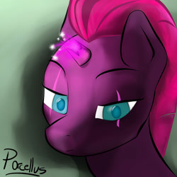 Size: 3000x3000 | Tagged: safe, artist:porcellus, derpibooru import, tempest shadow, pony, my little pony: the movie, bust, colored, female, looking down, magic, magic aura, simple background, solo