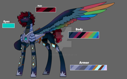 Size: 1280x800 | Tagged: safe, artist:ocmakerarichan, derpibooru import, oc, oc only, pegasus, pony, armor, blushing, color palette, colored wings, deviantart watermark, ear piercing, earring, female, gray background, jewelry, large wings, magical lesbian spawn, mare, multicolored wings, obtrusive watermark, offspring, one wing out, parent:princess luna, parent:rainbow dash, parents:lunadash, piercing, rainbow wings, simple background, solo, watermark, wings