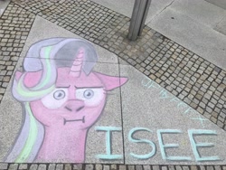 Size: 4032x3024 | Tagged: safe, artist:jphyperx, derpibooru import, starlight glimmer, pony, :i, chalk, chalk drawing, ears, floppy ears, galacon, galacon 2022, i mean i see, meme, solo, traditional art