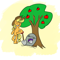 Size: 1024x1024 | Tagged: safe, artist:yey_17, derpibooru import, applejack, rarity, earth pony, pony, apple, apple tree, female, food, gravestone, lesbian, rarijack, shipping, shovel, tree, wat