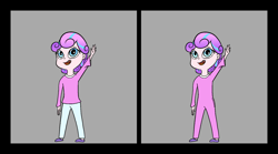 Size: 1940x1080 | Tagged: safe, artist:happy harvey, derpibooru import, princess flurry heart, human, equestria girls, child, clothes, drawn on phone, gray background, looking up, missing teeth, older, older flurry heart, onesie, pajamas, simple background, slippers, tooth gap, waving