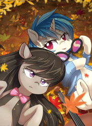 Size: 2374x3260 | Tagged: safe, artist:aymint, derpibooru import, part of a set, dj pon-3, octavia melody, vinyl scratch, earth pony, pony, unicorn, autumn, autumn leaves, bowtie, cello, clothes, duo, female, leaves, lying down, mare, musical instrument, on back, seasons, underhoof