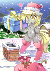 Size: 2460x3470 | Tagged: safe, artist:shepherd0821, derpibooru import, derpy hooves, pegasus, pony, bipedal, candy, candy cane, chimney, christmas, clothes, ears, female, floppy ears, food, hat, holiday, mare, pine tree, present, sack, santa hat, seasons, snow, snowfall, socks, solo, thigh highs, tree