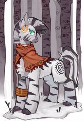 Size: 2031x2952 | Tagged: safe, artist:knifedragon, derpibooru import, part of a set, zecora, zebra, forest, looking at you, snow, solo, winter