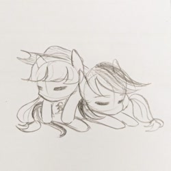 Size: 640x640 | Tagged: safe, artist:snowzaaah, derpibooru import, applejack, rainbow dash, earth pony, pegasus, pony, appledash, appledashdailydoodles, doodle, eyes closed, female, lesbian, monochrome, pencil drawing, shipping, sketch, sleeping, traditional art