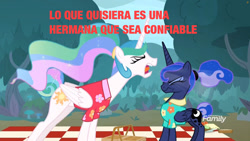 Size: 1280x720 | Tagged: safe, derpibooru import, edit, edited screencap, screencap, princess celestia, princess luna, alicorn, pony, between dark and dawn, season 9, spoiler:s09, alternate hairstyle, angry, duo, duo female, everfree forest, eyes closed, female, hair bun, latin american, picnic, picnic blanket, ponytail, quote, royal sisters, siblings, sisters, spanish