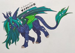 Size: 3149x2250 | Tagged: safe, artist:autumnsfur, artist:autumnsfurart, derpibooru import, queen chrysalis, changeling, dragon, g4, black coat, blue hair, chest fluff, claws, crown, dragon claw, dragon wings, female, full body, green hair, jewelry, logo, long hair, long tail, looking away, navy coat, pony dragon hybrid, regalia, sharpie, signature, simple background, smiling, smirk, tail, traditional art, walking, wings