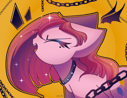 Size: 2450x1900 | Tagged: safe, artist:miryelis, derpibooru import, pinkie pie, earth pony, pony, chains, choker, eyes closed, long hair, open mouth, pinkamena diane pie, punk, signature, simple background, solo