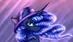 Size: 1989x1173 | Tagged: safe, artist:darklight1315, derpibooru import, princess luna, alicorn, pony, bow, chest fluff, ear fluff, ears, ethereal mane, female, hat, looking at you, mare, solo, stars