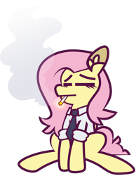 Size: 4779x6147 | Tagged: safe, artist:threetwotwo32232, derpibooru import, fluttershy, pegasus, cigarette, clothes, female, mare, necktie, shirt, simple background, smoking, solo, transparent background