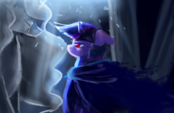 Size: 3200x2070 | Tagged: safe, artist:aquagalaxy, derpibooru import, princess celestia, twilight sparkle, pony, alternate universe, cloak, clothes, crying, high res, red eyes