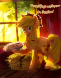 Size: 2000x2550 | Tagged: safe, artist:aquagalaxy, derpibooru import, applejack, earth pony, pony, female, food, mare, pie, polish, solo