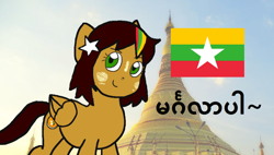 Size: 1024x580 | Tagged: safe, anonymous artist, derpibooru import, oc, oc:mohinga, pegasus, pony, burmese, myanmar, nation ponies, ponified, solo, thanaka, yangon