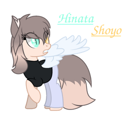 Size: 947x844 | Tagged: safe, artist:mialositas2017, derpibooru import, oc, oc only, oc:hinata shoyo, pegasus, pony, clothes, female, heterochromia, mare, pants, shirt, simple background, text, transparent background, wings