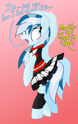 Size: 1638x2600 | Tagged: safe, artist:notadeliciouspotato, derpibooru import, oc, oc:serene dive, earth pony, pony, bipedal, blushing, cheerleader, cheerleader outfit, clothes, dialogue, female, gradient background, mare, offscreen character, open mouth, solo
