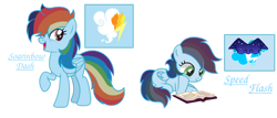 Size: 1366x585 | Tagged: safe, artist:mialositas2017, derpibooru import, oc, oc only, oc:soarinbow dash, oc:speed flash, pegasus, pony, book, cutie mark, female, lying down, mare, multicolored hair, offspring, parent:rainbow dash, parent:soarin', parents:soarindash, prone, rainbow hair, raised hoof, raised leg, reading, siblings, simple background, sisters, smiling, text, transparent background, twins, wings