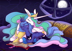 Size: 2000x1414 | Tagged: safe, artist:equestria-prevails, derpibooru import, princess celestia, princess luna, alicorn, pony, book, duo, eyes closed, female, full moon, lying down, moon, nuzzling, prone, royal sisters, s1 luna, siblings, sisters, smiling