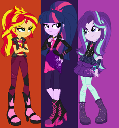 Size: 528x569 | Tagged: safe, artist:krystal-red-squirrel, artist:selenaede, derpibooru import, adagio dazzle, aria blaze, sonata dusk, starlight glimmer, sunset shimmer, twilight sparkle, human, equestria girls, alternate hairstyle, alternate universe, base used, boots, clothes, crossed arms, cutie mark on clothes, ear piercing, earring, fingerless gloves, gloves, hand on arm, hand on hip, high heel boots, high heels, jacket, jewelry, looking at each other, looking at someone, necklace, pendant, piercing, ponytail, shoes, the dazzlings, vest