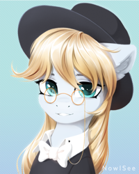 Size: 2000x2500 | Tagged: safe, artist:inowiseei, derpibooru import, oc, oc only, pony, blue background, bust, clothes, ear fluff, ears, female, glasses, hat, looking at you, mare, portrait, simple background, smiling, smiling at you, solo