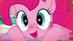 Size: 666x380 | Tagged: safe, artist:canaryprimary, derpibooru import, pinkie pie, earth pony, pony, blushing, cropped, cropped porn, drool, explicit source, female, heart, heart eyes, mare, open mouth, open smile, smiling, sparkles, wingding eyes