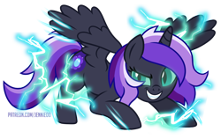 Size: 1000x633 | Tagged: safe, artist:jennieoo, derpibooru import, oc, oc:nigtmare aliss, alicorn, pony, alicorn oc, angry, evil, evil grin, grin, horn, lightning, show accurate, simple background, smiling, solo, transparent background, vector, wings