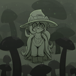 Size: 3072x3072 | Tagged: safe, artist:czu, derpibooru import, oc, oc only, oc:coven, earth pony, pony, clothes, earth pony oc, hat, looking at you, male, monochrome, mushroom, solo, unshorn fetlocks, witch hat