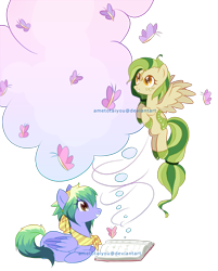 Size: 1476x1836 | Tagged: safe, artist:ametotaiyou, derpibooru import, oc, butterfly, pegasus, book, clothes, colored wings, duo, eyelashes, female, flying, grin, mare, pegasus oc, scarf, simple background, smiling, transparent background, two toned wings, wings