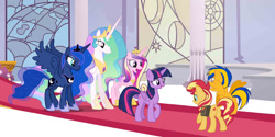 Size: 1280x640 | Tagged: safe, artist:mlpfan3991, derpibooru import, princess cadance, princess celestia, princess luna, sunset shimmer, twilight sparkle, twilight sparkle (alicorn), oc, oc:flare spark, alicorn, pegasus, unicorn, bag, butt, canterlot castle, female, plot, saddle bag, stained glass window, throne room, vector