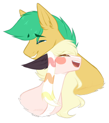 Size: 1602x1800 | Tagged: safe, artist:purplegrim40, derpibooru import, oc, oc only, earth pony, pony, :d, blush sticker, blushing, bust, duo, earth pony oc, eyes closed, female, male, mare, nuzzling, oc x oc, open mouth, open smile, shipping, simple background, smiling, stallion, straight, transparent background