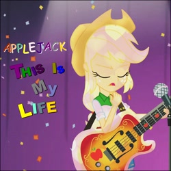 Size: 1084x1084 | Tagged: safe, derpibooru import, applejack, equestria girls, shake your tail, album, album cover, applesass, background human, clothes, cute, fefe dobson, feminism, jackabetes, party, shirt, shoes, singer, single, skirt, sleeves rolled up, solo, stetson