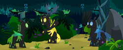 Size: 2769x1144 | Tagged: safe, artist:wheatley r.h., derpibooru import, changeling, comic:cambiantes mieleros, blue changeling, comic, green changeling, happy, honeypot changeling, jungle, plant, rock, vector, watermark, yellow changeling