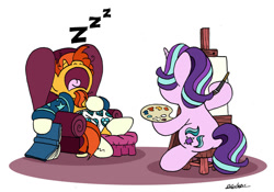 Size: 1024x718 | Tagged: safe, artist:bobthedalek, derpibooru import, starlight glimmer, sunburst, pony, unicorn, atg 2022, bathrobe, book, boxers, butt, chair, clothes, coat markings, draw me like one of your french girls, duo, duo male and female, female, heart, heart print underwear, male, mare, newbie artist training grounds, onomatopoeia, open mouth, paintbrush, painting, palette, plot, robe, simple background, sleeping, snoring, socks (coat marking), sound effects, stallion, stool, underwear, volumetric mouth, white background, zzz