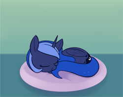 Size: 2248x1779 | Tagged: safe, artist:dusthiel, derpibooru import, princess luna, alicorn, pony, atg 2022, cheek fluff, curled up, cushion, lying down, newbie artist training grounds, pet bed, prone, sleeping, solo